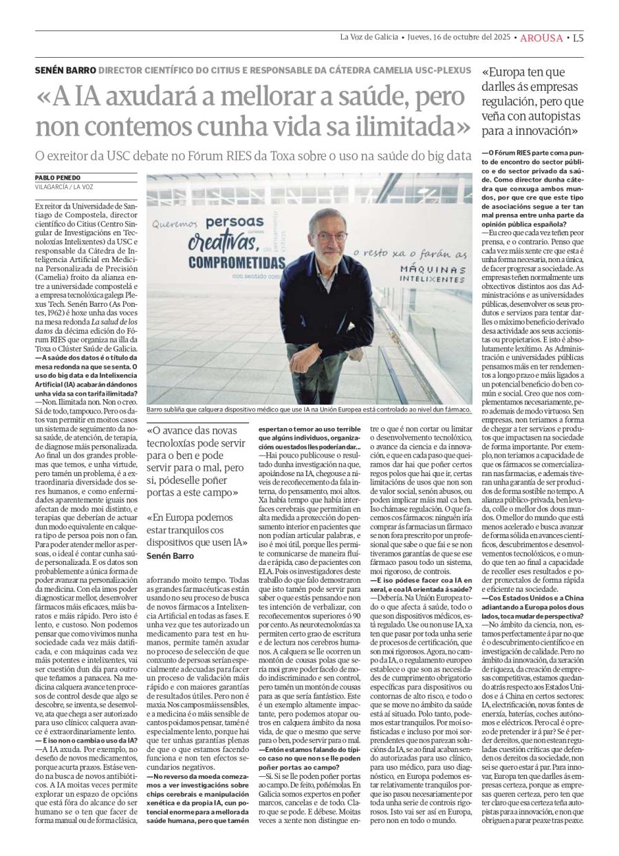 «A IA axudará a mellorar a saúde, pero  non contemos cunha vida sa ilimitada»